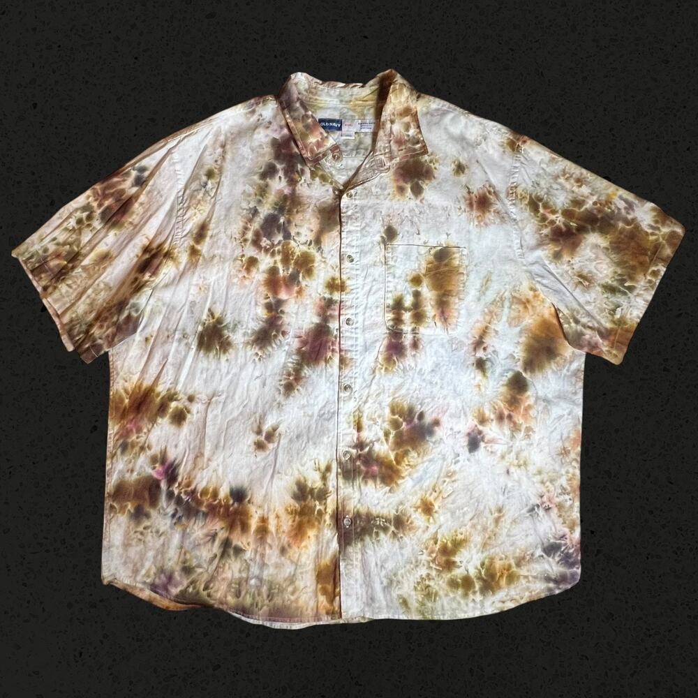 Men’s 3XL Regular Fit Short Sleeve Button Down Shirt Tie Dye Linen Blend Brown